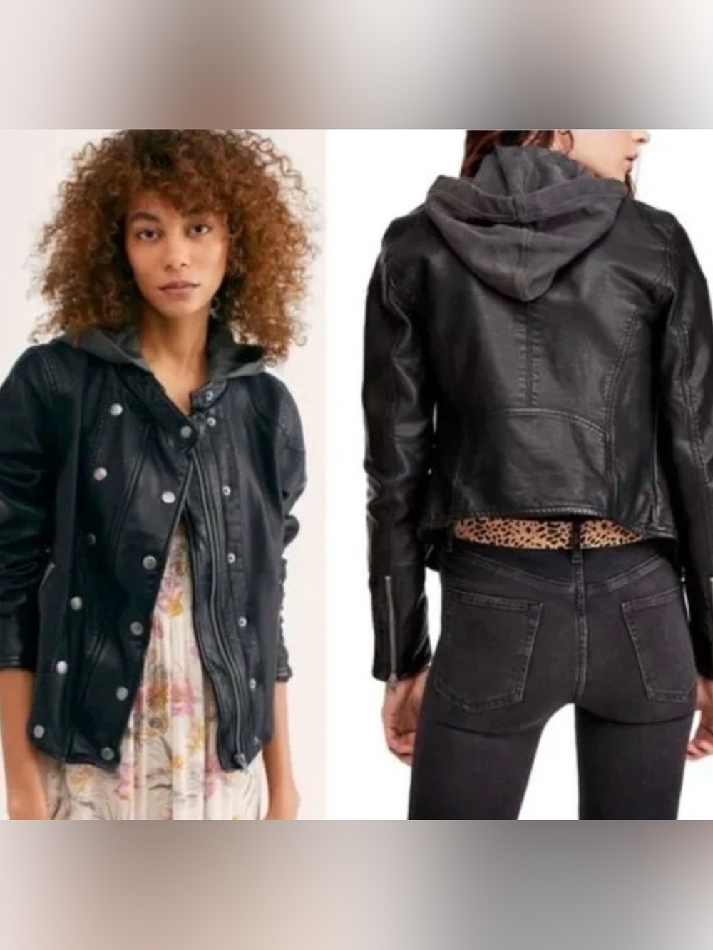 We The Free People Black Faux Leather Moto Jacket with Hooded Liner - Picture 2 of 12